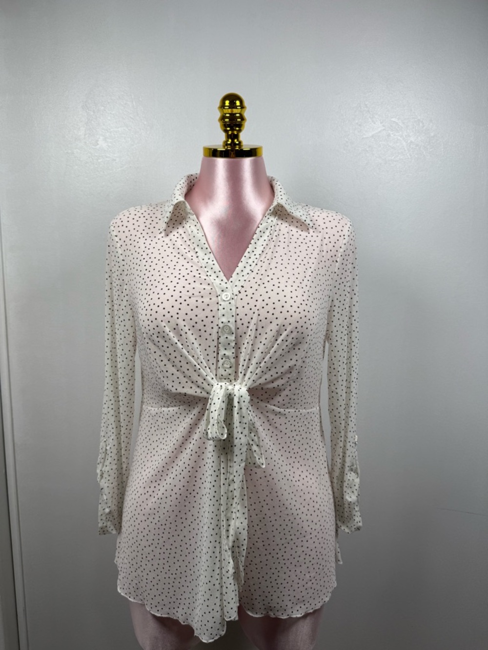Ember Polka Dot Tie Front Blouse White Black Long Sleeve Peplum Size M